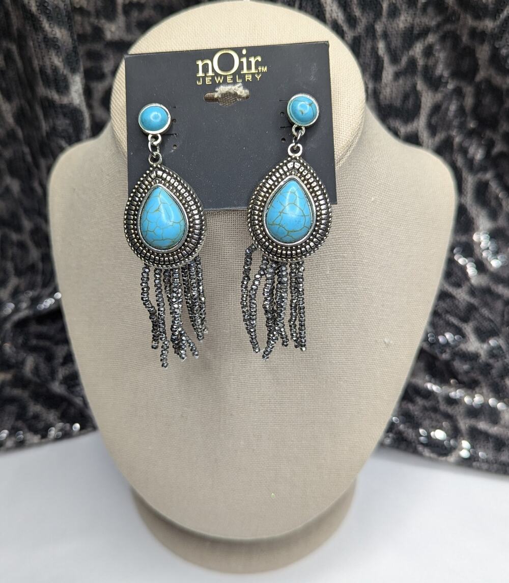 Turquoise Drop Earrings Teardrop Dangle Metal Fringe